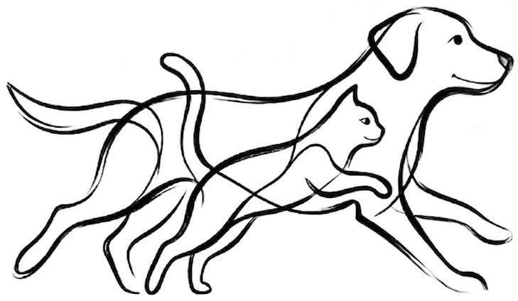 Logo Dr. Astrid Jarleton — vétérinaire ostéopathe et physiothérapeute à domicile, dessin d'un chien et d'un chat